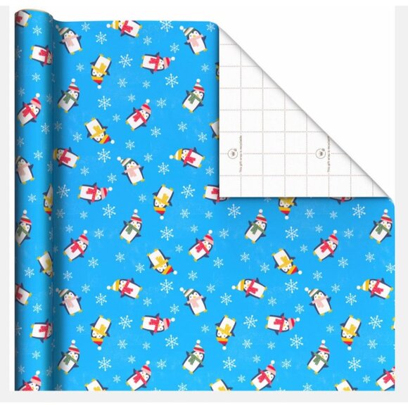 Hallmark Wrapping Paper Christmas Winter Playful Penguins 90 sq ft Jumbo Roll - Picture 2 of 5